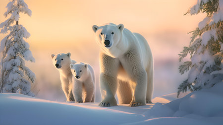 Polar bear (Ursus maritimus) mother and cub on the snow in winter.の素材