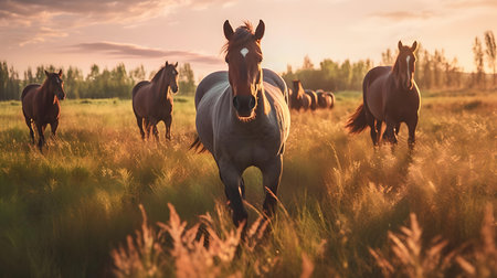 Herd of horses in the meadow at sunset. Beautiful nature landscapeの素材