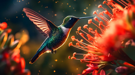 Hummingbird in flight with flowers in the background. Wildlife scene from tropics.の素材