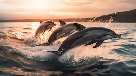 Dolphins jumping out of the water at sunset. Toned image.の素材