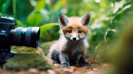 Cute fox sitting in the garden with a camera on the backgroundの素材