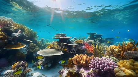 Underwater view of the coral reef with fishes and corals.の素材