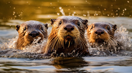 Group of wet Asian small-clawed otters swimming in waterの素材
