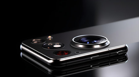 Smartphone with camera on a black background. 3d rendering.の素材