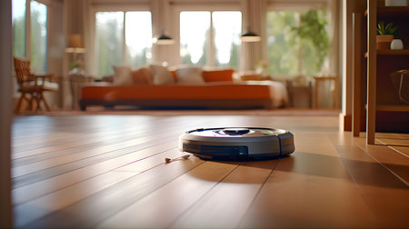 Robotic vacuum cleaner cleaning the floor in the living room at homeの素材