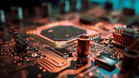 Circuit board close up. Electronic computer hardware technology. Motherboard digital chip. Tech science backgroundの素材