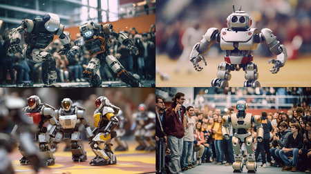 Big group of people and robots at the exhibition in Moscow.の素材