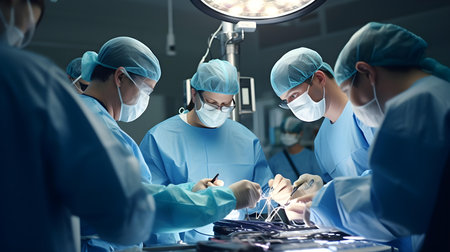 group of veterinarian surgery in operation room take with art lighting and blue filterの素材