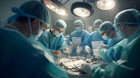 Group of surgeons at work in operating room. Group of surgeons in operating room with surgery equipment.の素材