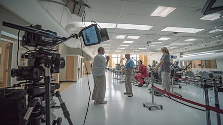 Front view of a group of people using video cameras in a fitness studioの素材