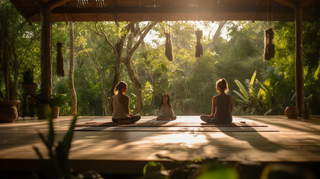 Young women practicing yoga on a wooden terrace in the morning.の素材