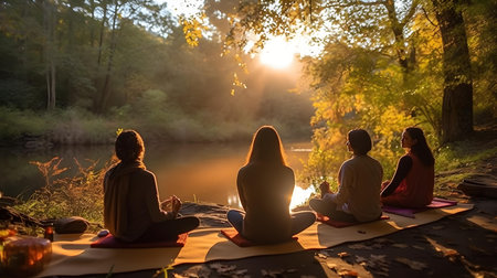Group of people meditating on yoga mat in the forest at sunsetの素材