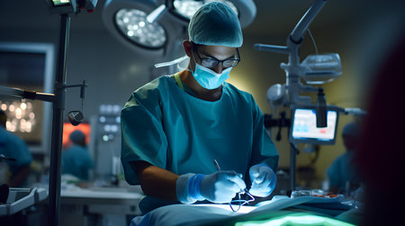 Surgeon in operating room. Group of surgeons in operating room with surgery equipment.の素材