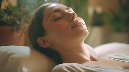Beautiful young woman lying on a massage table in a spa salonの素材