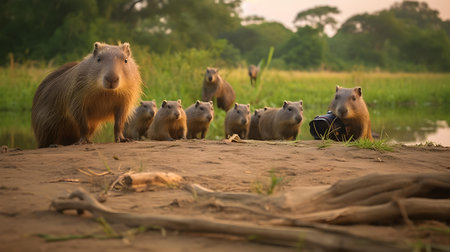 Capybara (Hydrochoerus hydrochaeris) in natureの素材