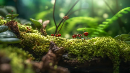 Ants on green moss in the forest. 3d rendering.の素材