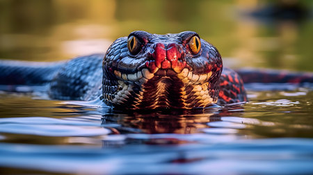 Close-up portrait of a viper on the water surface.の素材