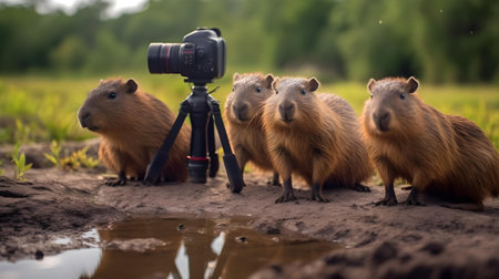 Capybara (Vulpes hydrochaeris) in a puddleの素材