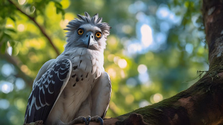 Owl sitting on a tree branch in the forest in summer.の素材
