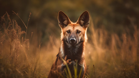 Portrait of a red fox standing in the grass at sunset.の素材