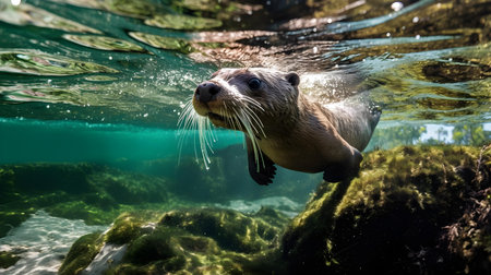 Otters swimming in the water. Wildlife scene from underwater.の素材