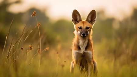Portrait of a young wild dog standing in the grass at sunsetの素材