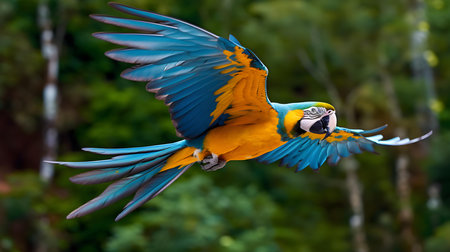 beautiful scarlet macaw flying in the wild, blue and yellowの素材