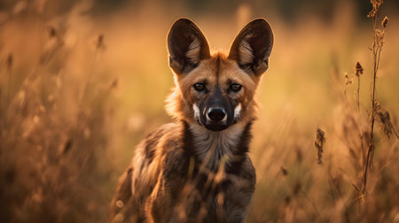 Close-up portrait of a wild dog in the field at sunsetの素材