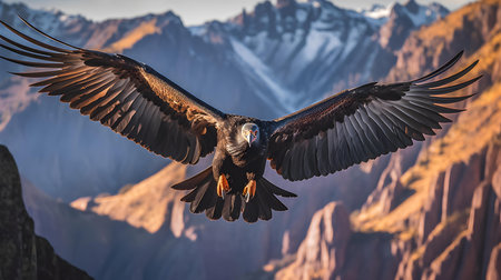 American Bald Eagle (Haliaeetus leucocephalus) flying over Colca Canyon in Peruの素材