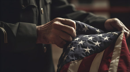 Close-up of a man's hands holding an American flag.の素材