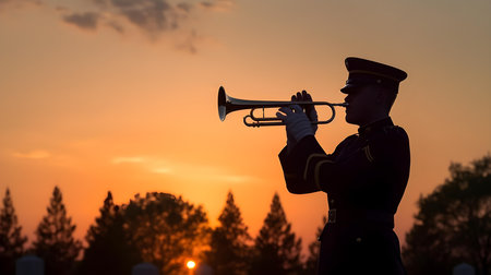 The silhouette of a man in a military uniform playing the trumpet at sunsetの素材
