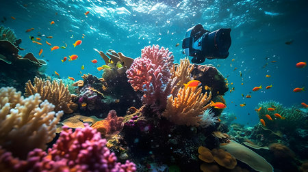 Underwater view of tropical coral reef with fish and a male diverの素材