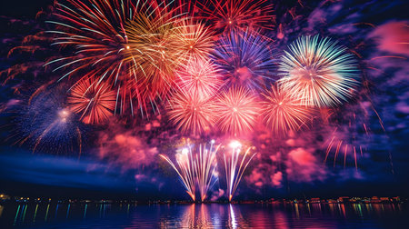 Colorful fireworks of various colors over night sky with reflection on waterの素材