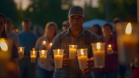 Group of people lighting candles in the park. Selective focus.の素材