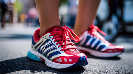 Running shoes. Close-up of female legs in sport shoes.の素材