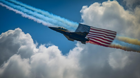 American jet fighter jet with american flag flying in the blue skyの素材