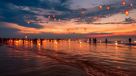 Colorful hot air balloons flying over the sea at sunset, Thailandの素材