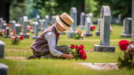 Little boy sitting on the grave in the cemetery and looking at flowersの素材