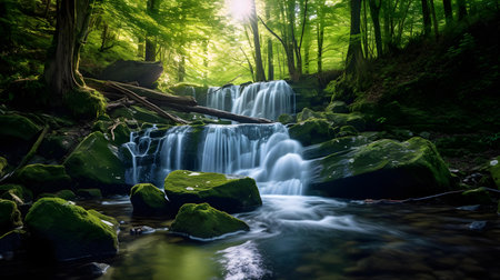 Waterfall in the green forest. Beautiful nature scene with long exposureの素材