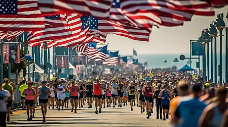 Marathon running race on San Francisco beach with USA flag in backgroundの素材