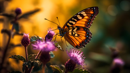 Butterfly on a purple thistle flower in the garden.の素材