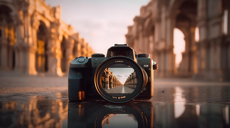 Digital camera on the background of the ancient city of Venice, Italyの素材