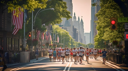 New York City Marathon 2015. Unidentified people running in Manhattanの素材