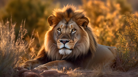 Male lion lying in the grass in the Kalahari desert, South Africa.の素材