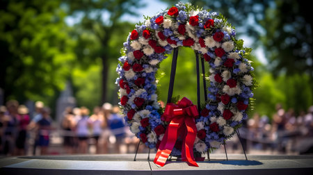 Memorial wreath of flowers with red ribbons on a pedestalの素材