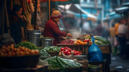 A woman selling vegetables at the street market in Hanoi, Vietnam. Hanoi is the capital and largest city of Vietnam.の素材