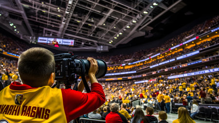 A professional cameraman with a professional video camera taking a photo of the crowd at Kuala Lumpur Arena during Malaysia Open 2019.の素材