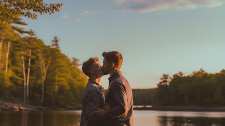 Young man and woman embracing each other on the shore of a lake at sunsetの素材