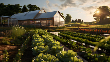 Vegetable garden and greenhouse in sunset time, low angle viewの素材
