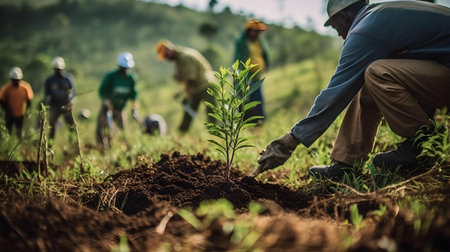 Group of farmers are planting a tree in the field to preserve the environment.の素材